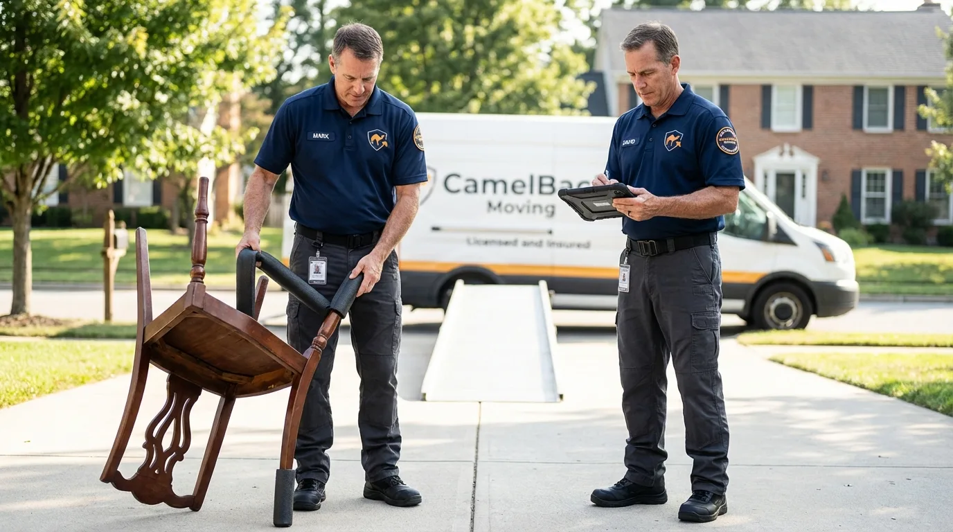 Movers inspecting furniture for damage prevention before loading in Wellton, AZ
